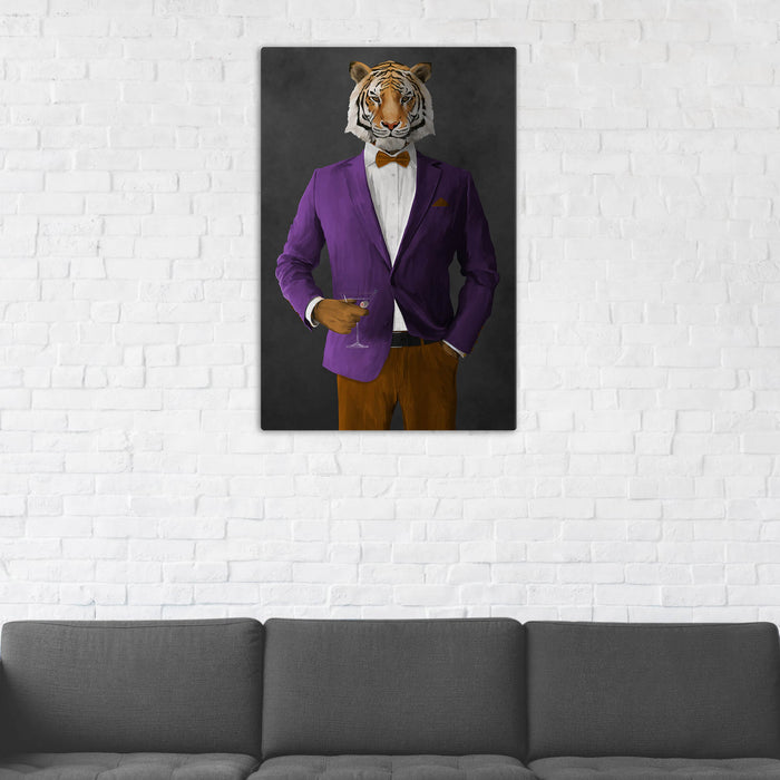 Tiger Drinking Martini Wall Art - Purple and Orange Suit