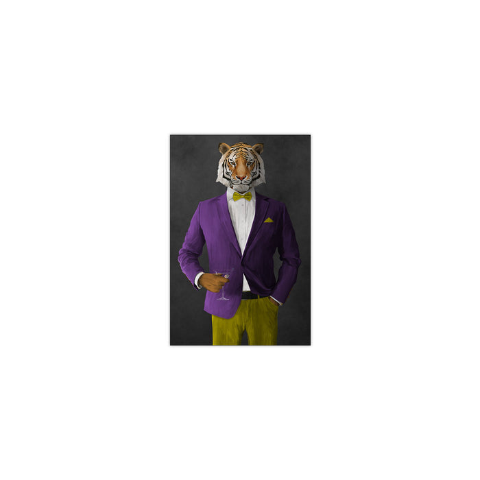 Tiger drinking martini wearing purple and yellow suit small wall art print