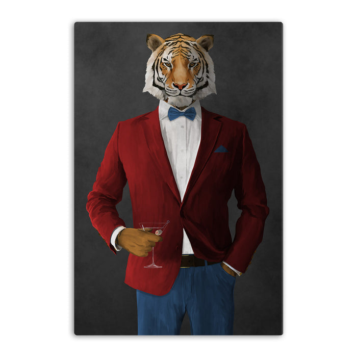 Tiger drinking martini wearing red and blue suit canvas wall art