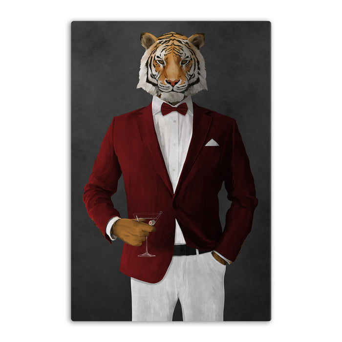 Tiger drinking martini wearing red and white suit canvas wall art