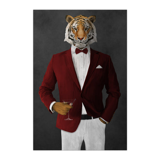 Tiger drinking martini wearing red and white suit large wall art print