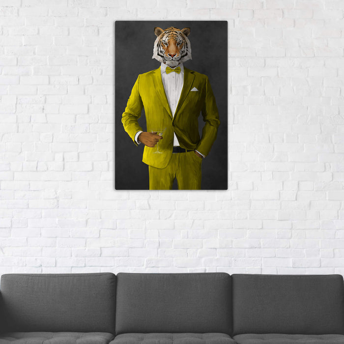 Tiger Drinking Martini Wall Art - Yellow Suit