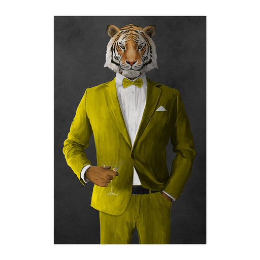 Tiger drinking martini wearing yellow suit large wall art print