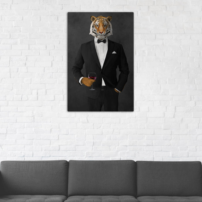 Tiger Drinking Red Wine Wall Art - Black Suit