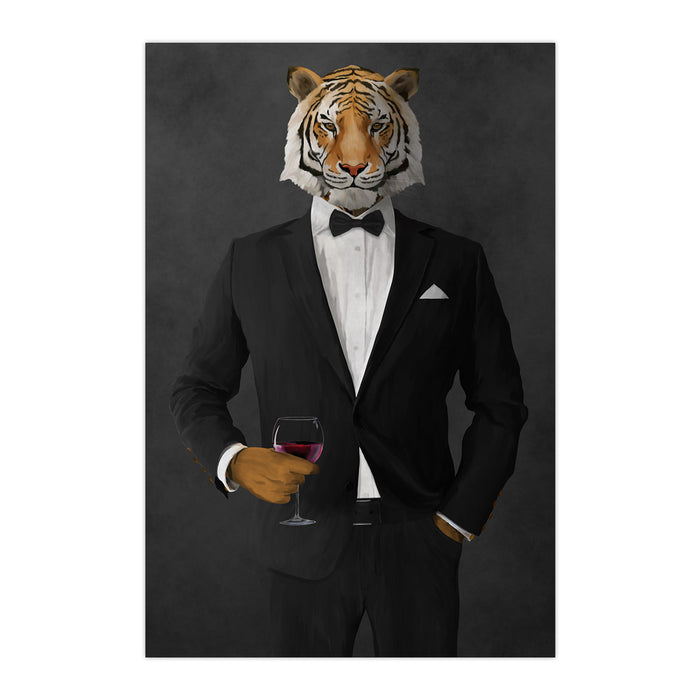 Tiger drinking red wine wearing black suit large wall art print