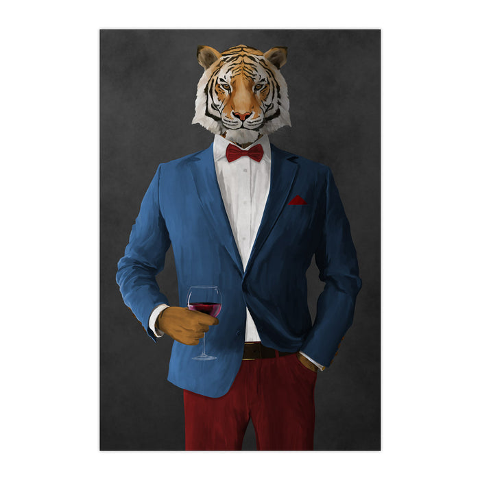 Tiger drinking red wine wearing blue and red suit large wall art print
