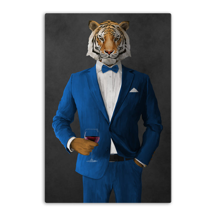 Tiger drinking red wine wearing blue suit canvas wall art