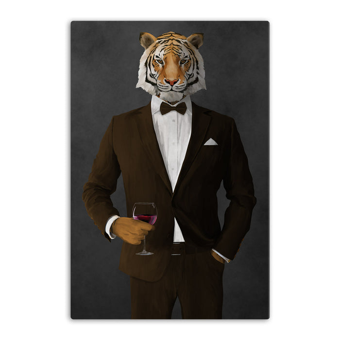Tiger drinking red wine wearing brown suit canvas wall art