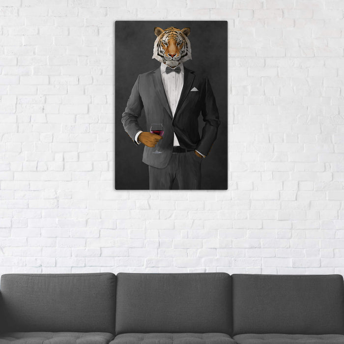 Tiger Drinking Red Wine Wall Art - Gray Suit