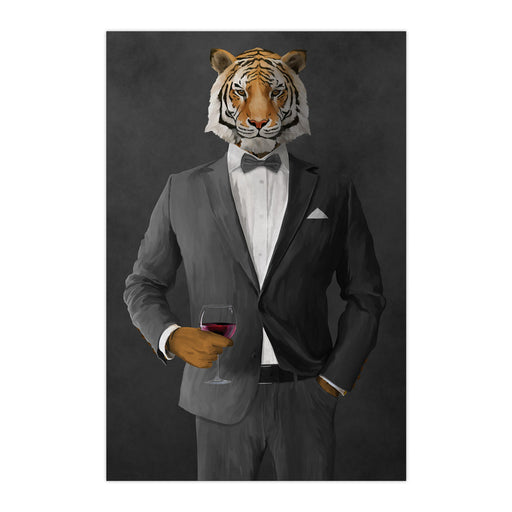 Tiger drinking red wine wearing gray suit large wall art print