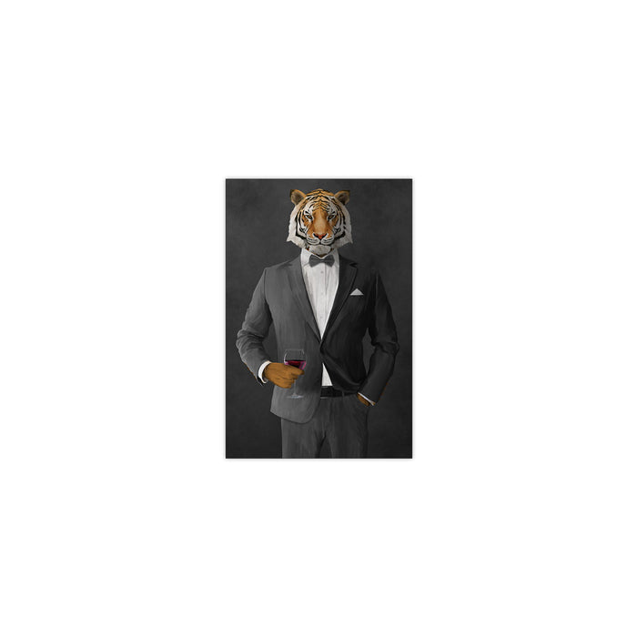 Tiger drinking red wine wearing gray suit small wall art print
