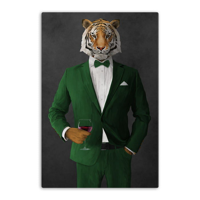 Tiger drinking red wine wearing green suit canvas wall art