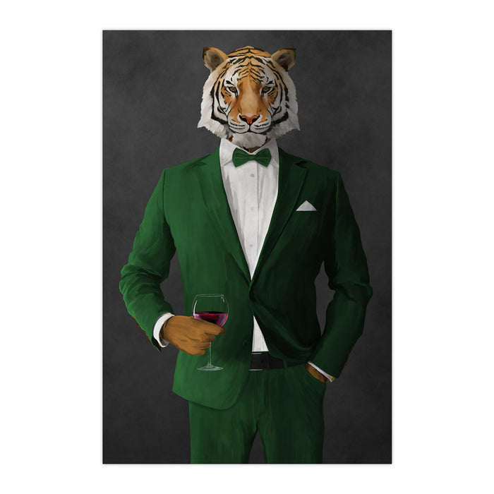 Tiger drinking red wine wearing green suit large wall art print