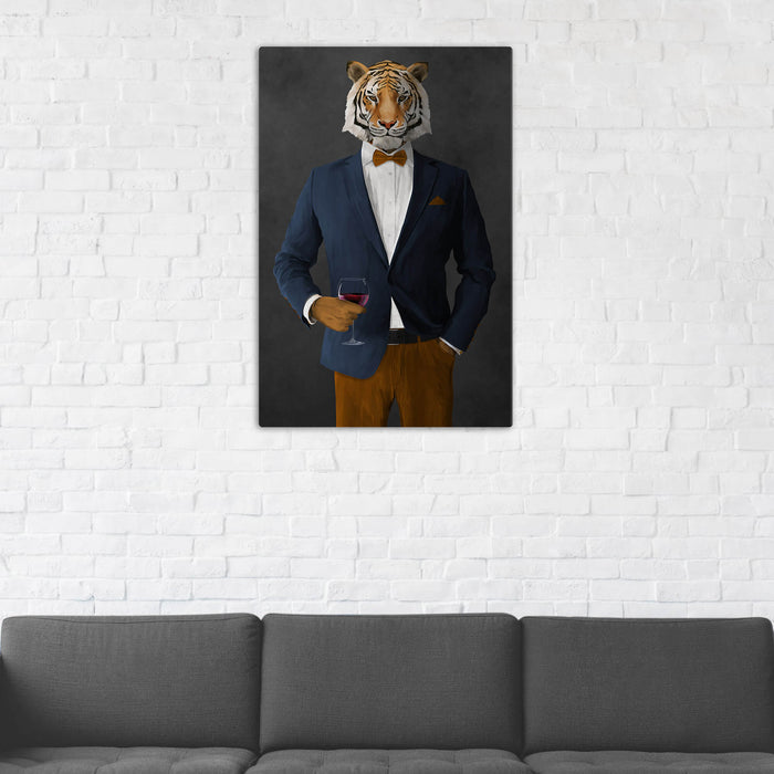 Tiger Drinking Red Wine Wall Art - Navy and Orange Suit