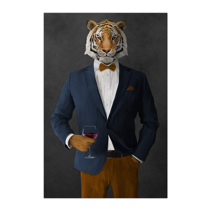 Tiger drinking red wine wearing navy and orange suit large wall art print