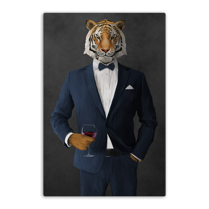 Tiger drinking red wine wearing navy suit canvas wall art