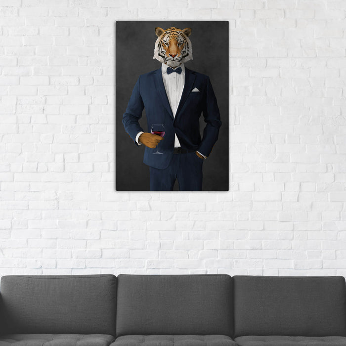 Tiger Drinking Red Wine Wall Art - Navy Suit