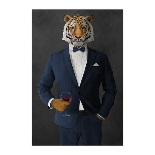 Tiger drinking red wine wearing navy suit large wall art print