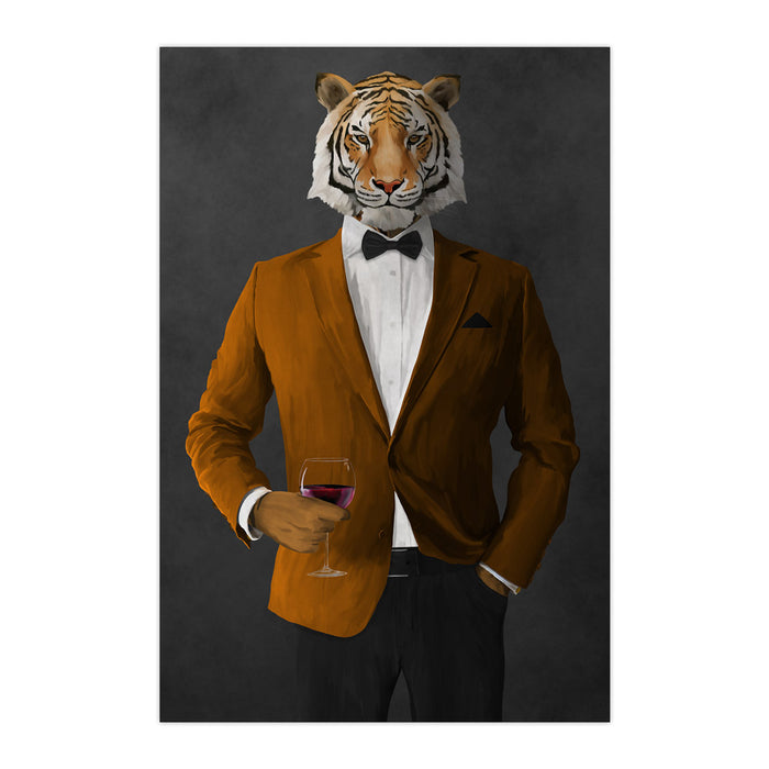 Tiger drinking red wine wearing orange and black suit large wall art print