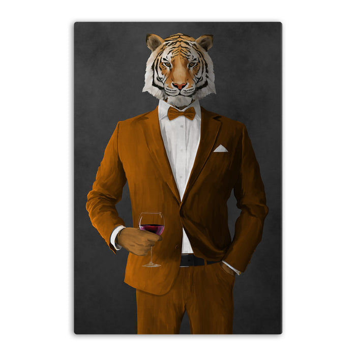 Tiger drinking red wine wearing orange suit canvas wall art