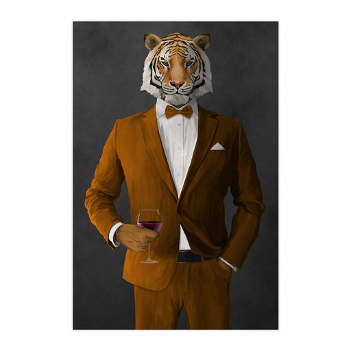 Tiger drinking red wine wearing orange suit large wall art print