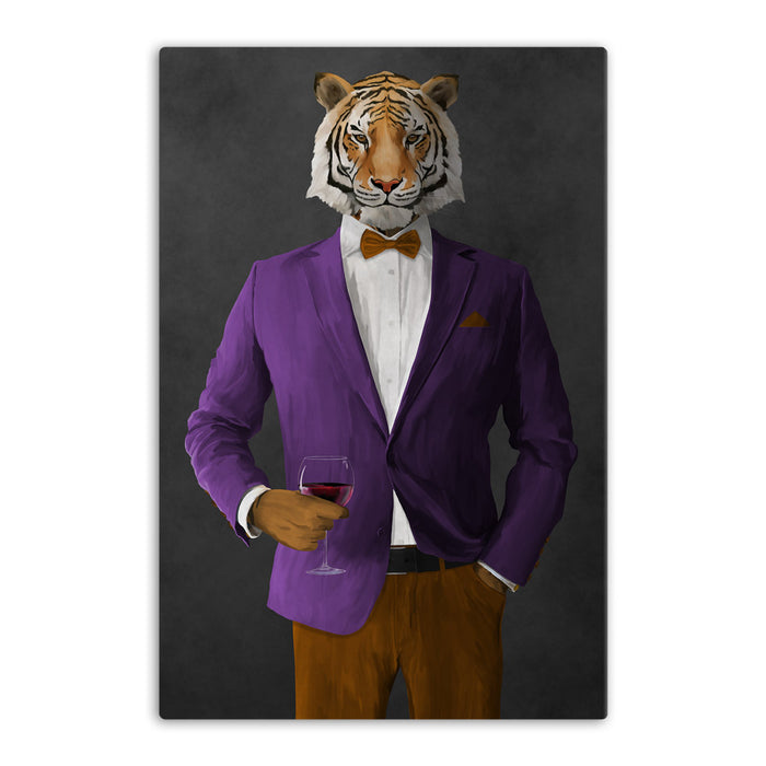 Tiger drinking red wine wearing purple and orange suit canvas wall art