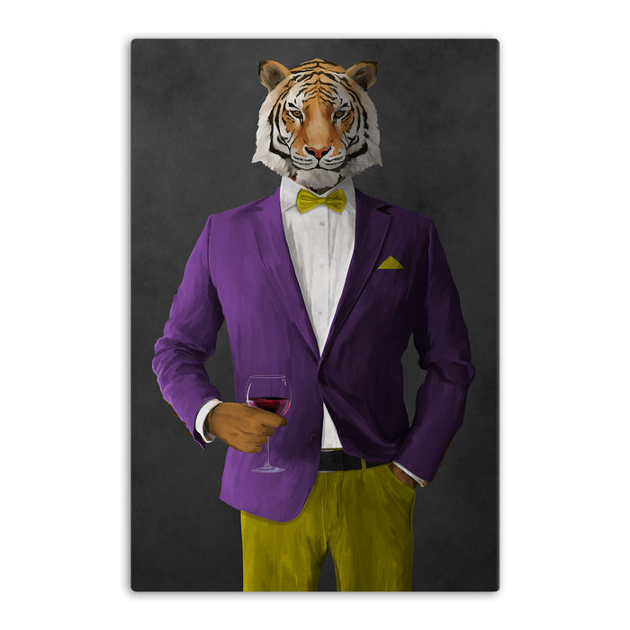 Tiger drinking red wine wearing purple and yellow suit canvas wall art