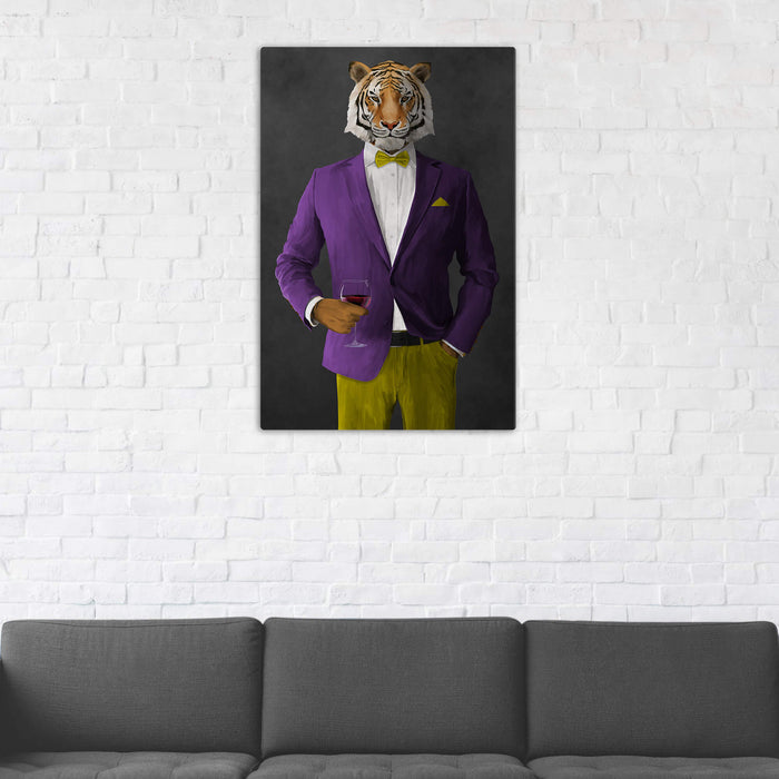 Tiger Drinking Red Wine Wall Art - Purple and Yellow Suit