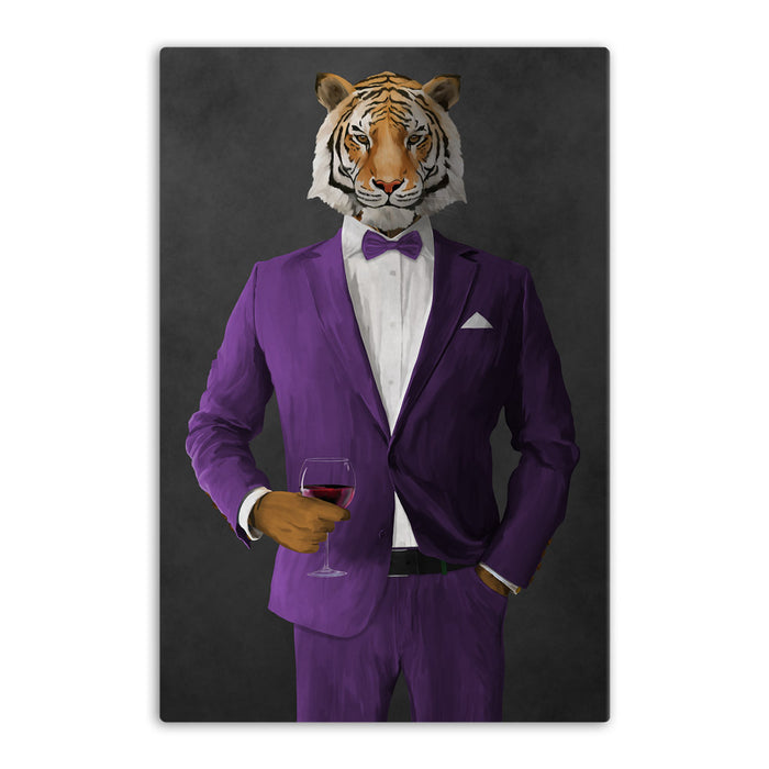 Tiger drinking red wine wearing purple suit canvas wall art