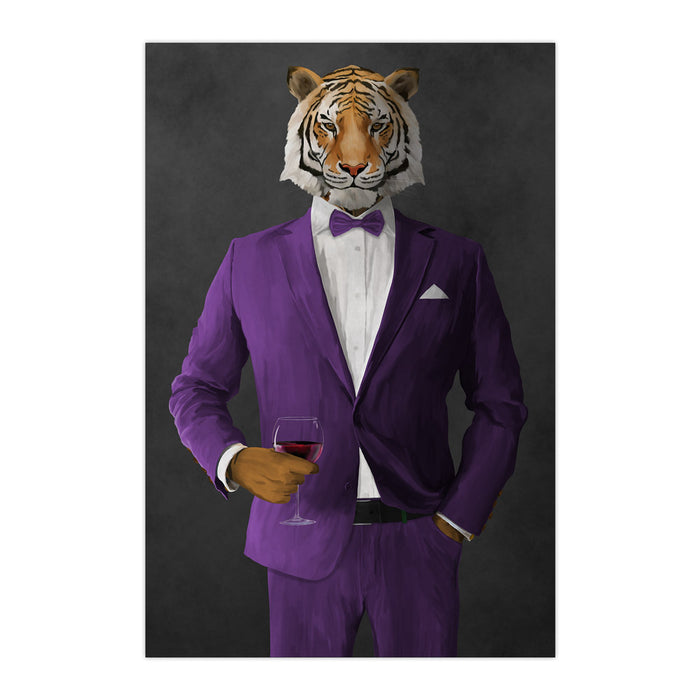 Tiger drinking red wine wearing purple suit large wall art print