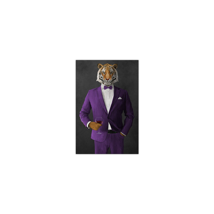 Tiger drinking red wine wearing purple suit small wall art print