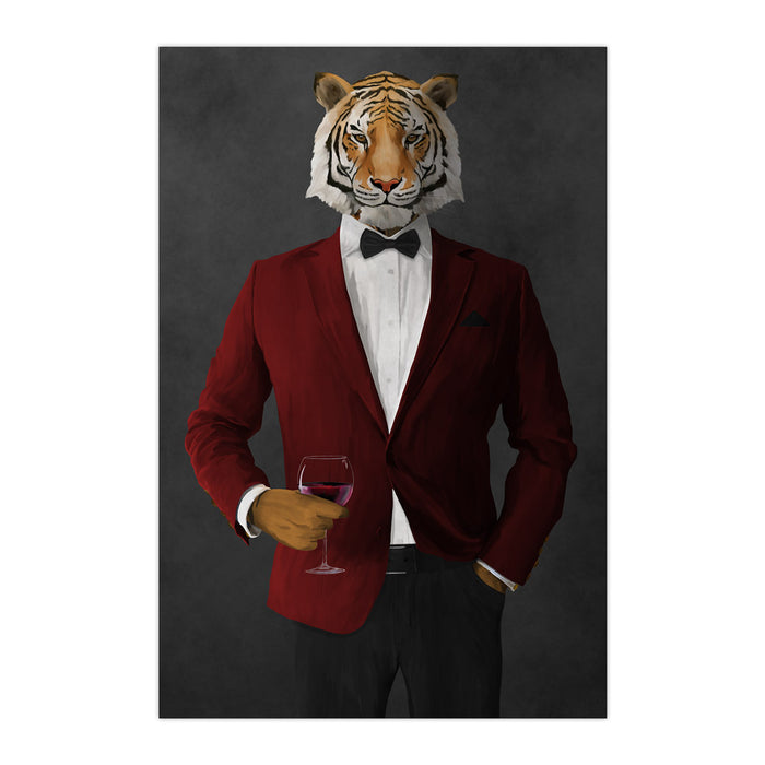 Tiger drinking red wine wearing red and black suit large wall art print