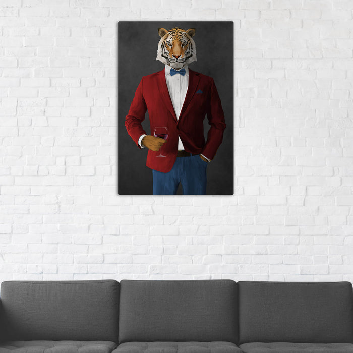 Tiger Drinking Red Wine Wall Art - Red and Blue Suit
