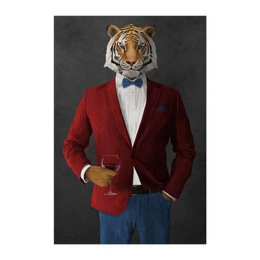 Tiger drinking red wine wearing red and blue suit large wall art print