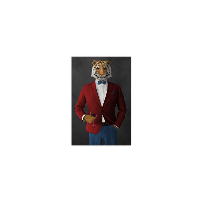 Tiger drinking red wine wearing red and blue suit small wall art print