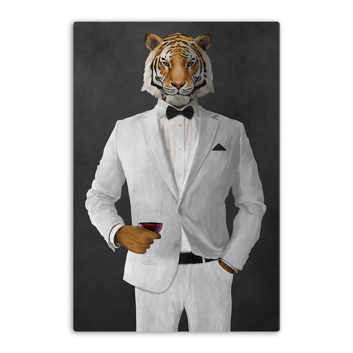 Tiger drinking red wine wearing white suit canvas wall art