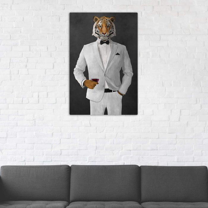 Tiger Drinking Red Wine Wall Art - White Suit