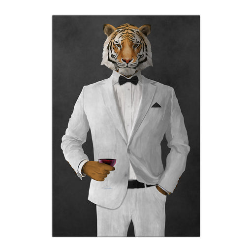 Tiger drinking red wine wearing white suit large wall art print