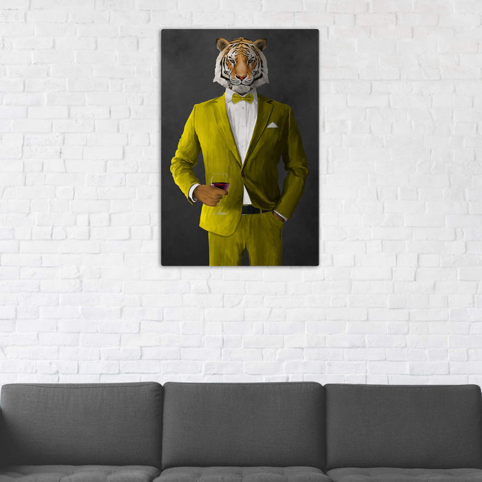 Tiger Drinking Red Wine Wall Art - Yellow Suit
