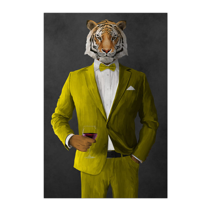 Tiger drinking red wine wearing yellow suit large wall art print