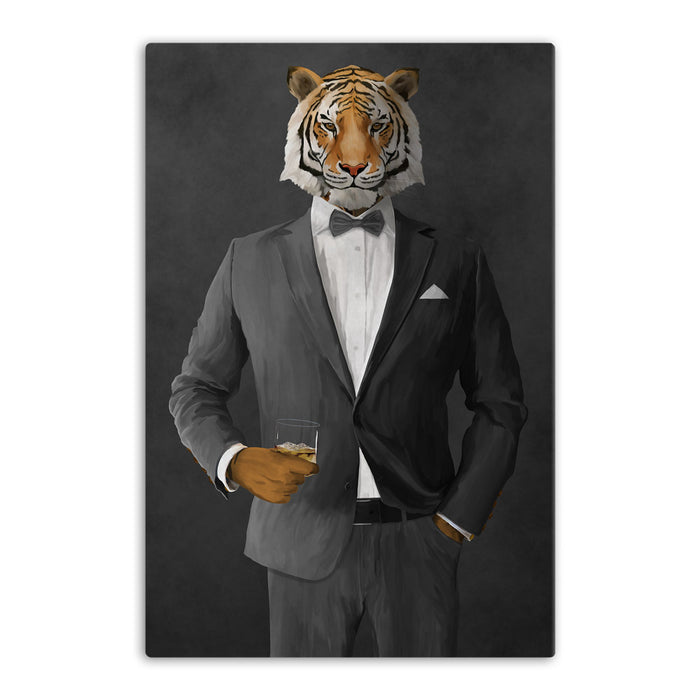 Tiger drinking whiskey wearing gray suit canvas wall art