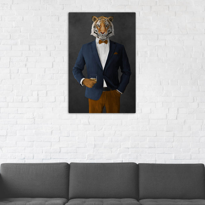 Tiger Drinking Whiskey Wall Art - Navy and Orange Suit