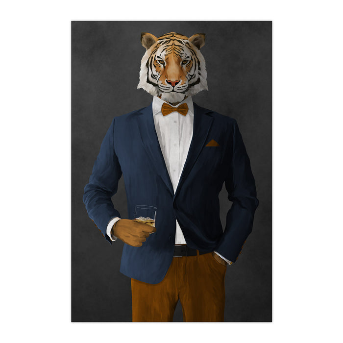 Tiger drinking whiskey wearing navy and orange suit large wall art print