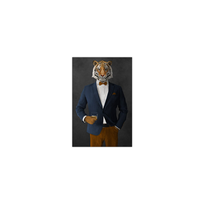 Tiger drinking whiskey wearing navy and orange suit small wall art print