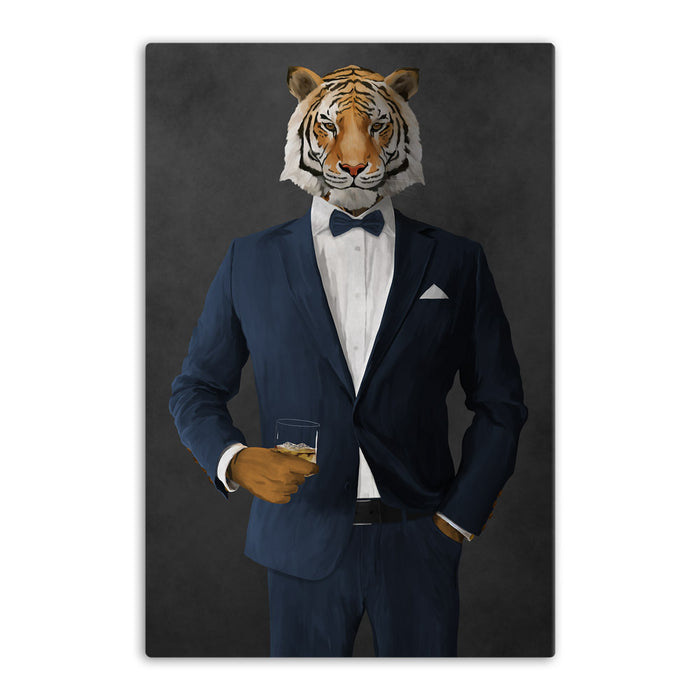 Tiger drinking whiskey wearing navy suit canvas wall art