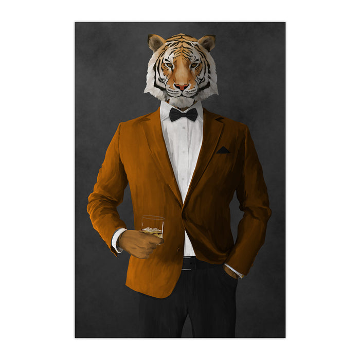 Tiger drinking whiskey wearing orange and black suit large wall art print