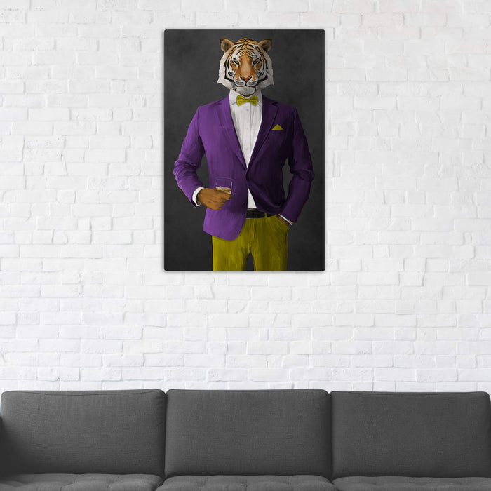 Tiger Drinking Whiskey Wall Art - Purple and Yellow Suit