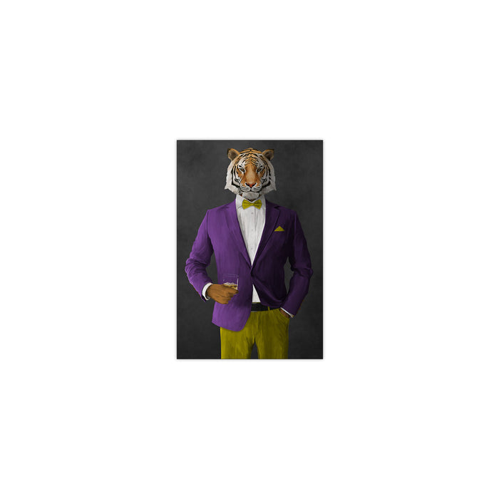 Tiger drinking whiskey wearing purple and yellow suit small wall art print