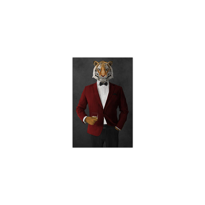 Tiger drinking whiskey wearing red and black suit small wall art print