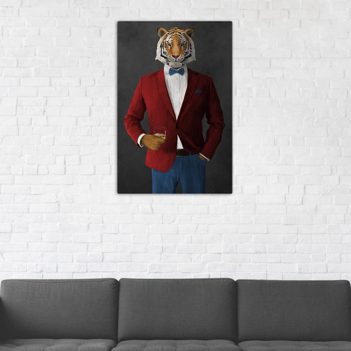 Tiger Drinking Whiskey Wall Art - Red and Blue Suit